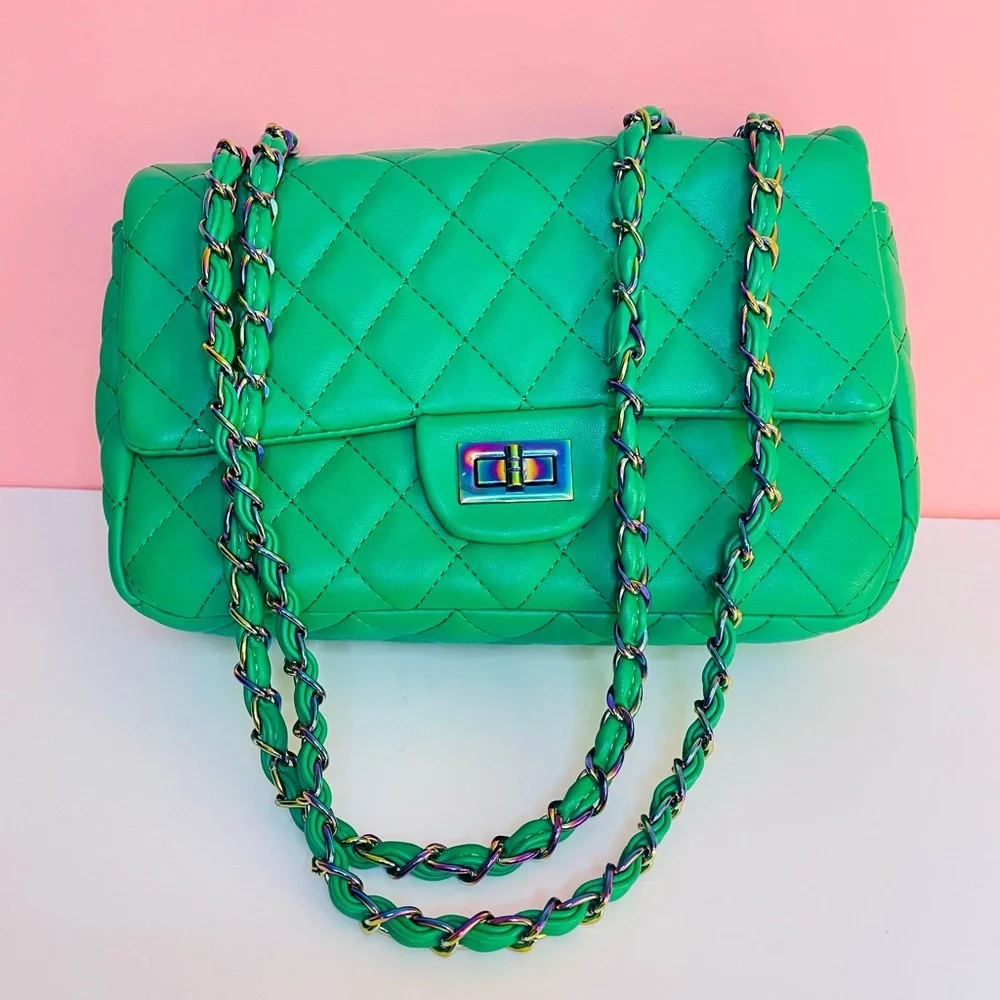 J. ELISE BOUTIQUE NEW KELLY Green Iridescent Accent Quilted Classic Shoulder Bag - Picture 2 of 6